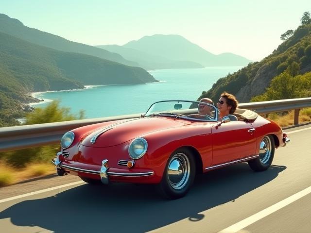 Ein glänzendes Classic-Cabrio vor einer malerischen Landschaft