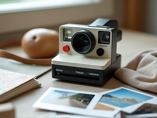 Eine Polaroid Kamera mit Fotos und Reisezubehör