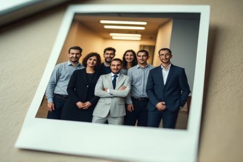 Ein Polaroid-Foto des MautSolutions GmbH Teams oder Büros